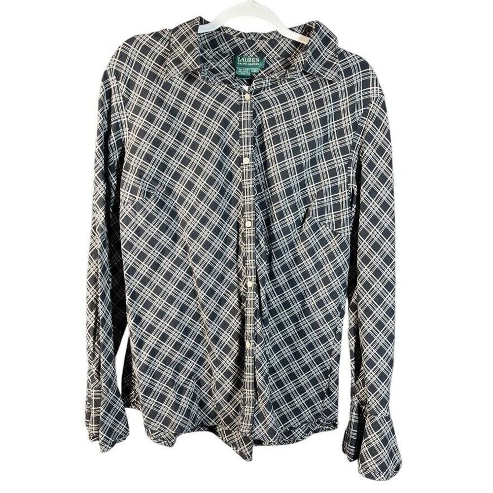 LRL‎ Ralph Lauren Blouse 1X Black White Plaid Bell Cuff Long Sleeve Flared Top